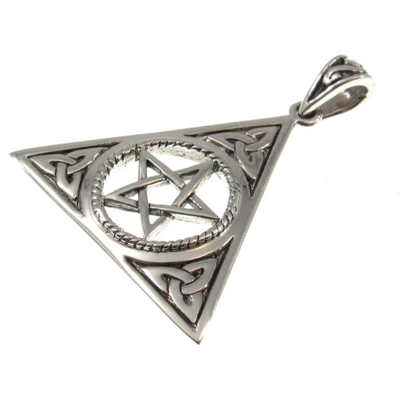 Solid 925 Sterling Silver Pentacle with Celtic Trinity Knot Pyramid Pendant - Picture 4 of 5